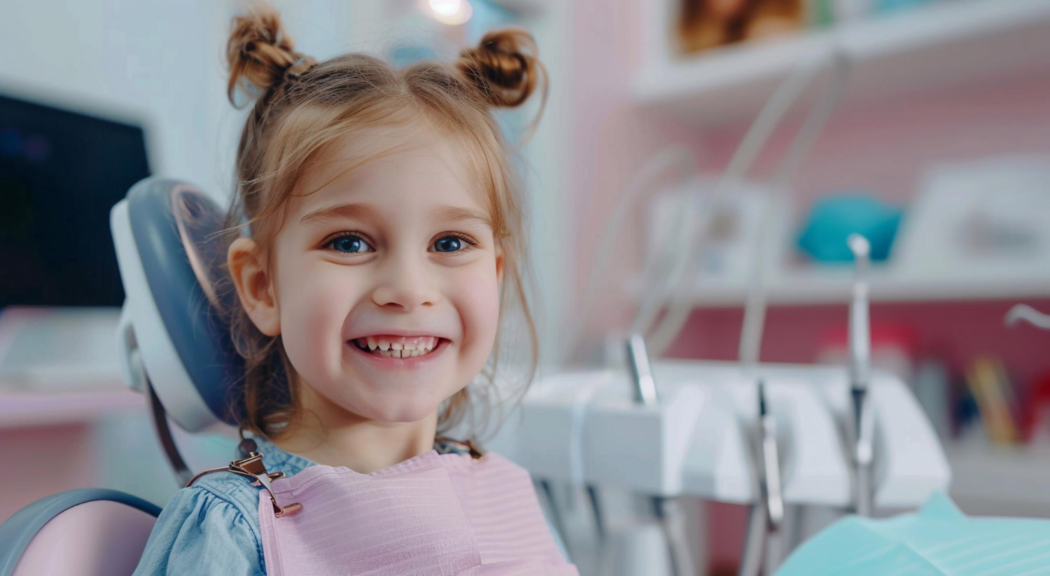 bimba seduta sulla sedia da dentista che sorride